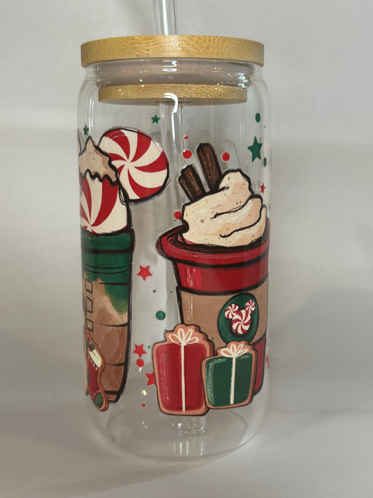 16oz Christmas Libby Glass Cup – Peppermint Mocha, Gingerbread, Holiday Drink Tumbler with Bamboo Lid & Straw
