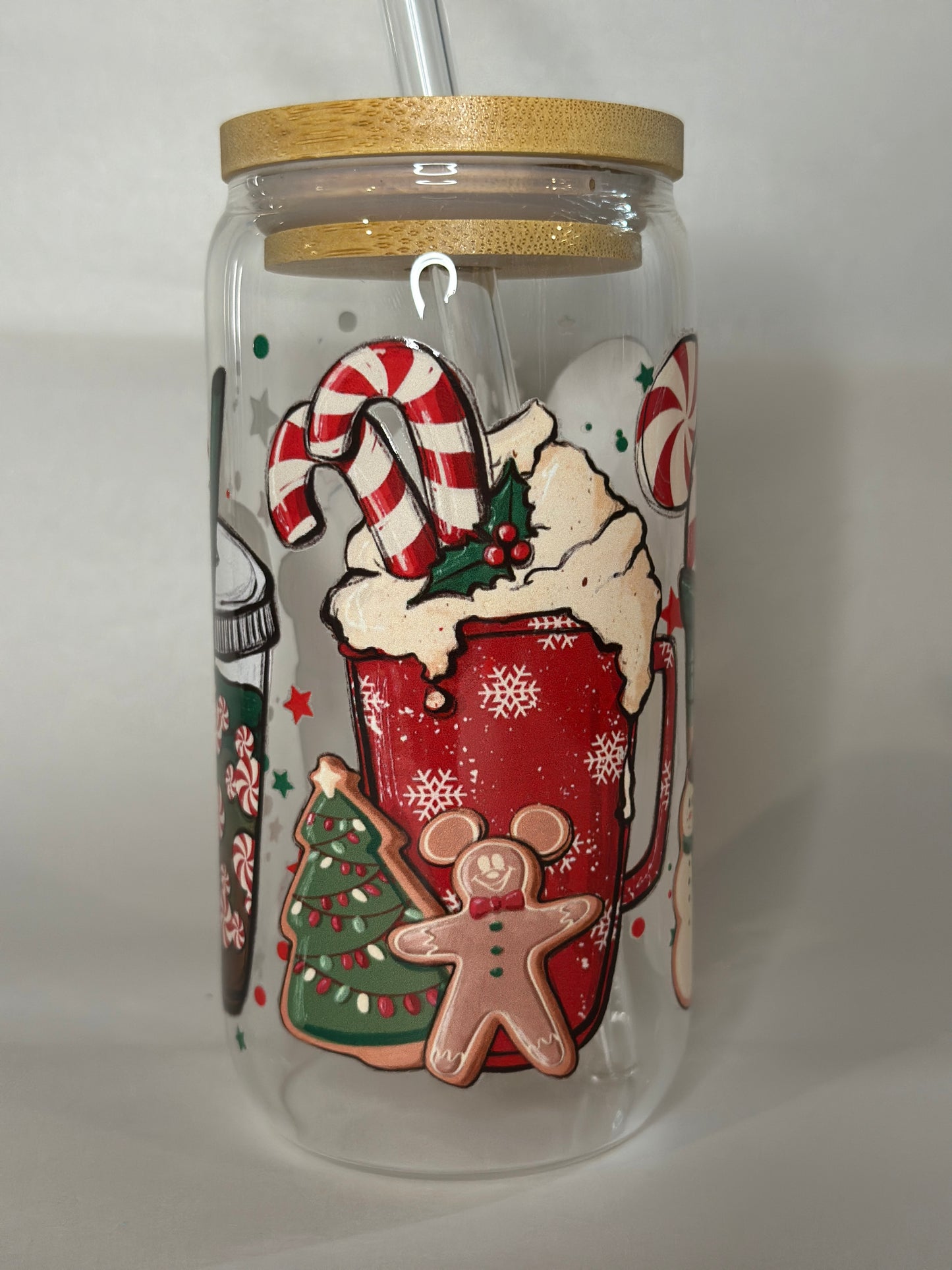16oz Christmas Libby Glass Cup – Peppermint Mocha, Gingerbread, Holiday Drink Tumbler with Bamboo Lid & Straw