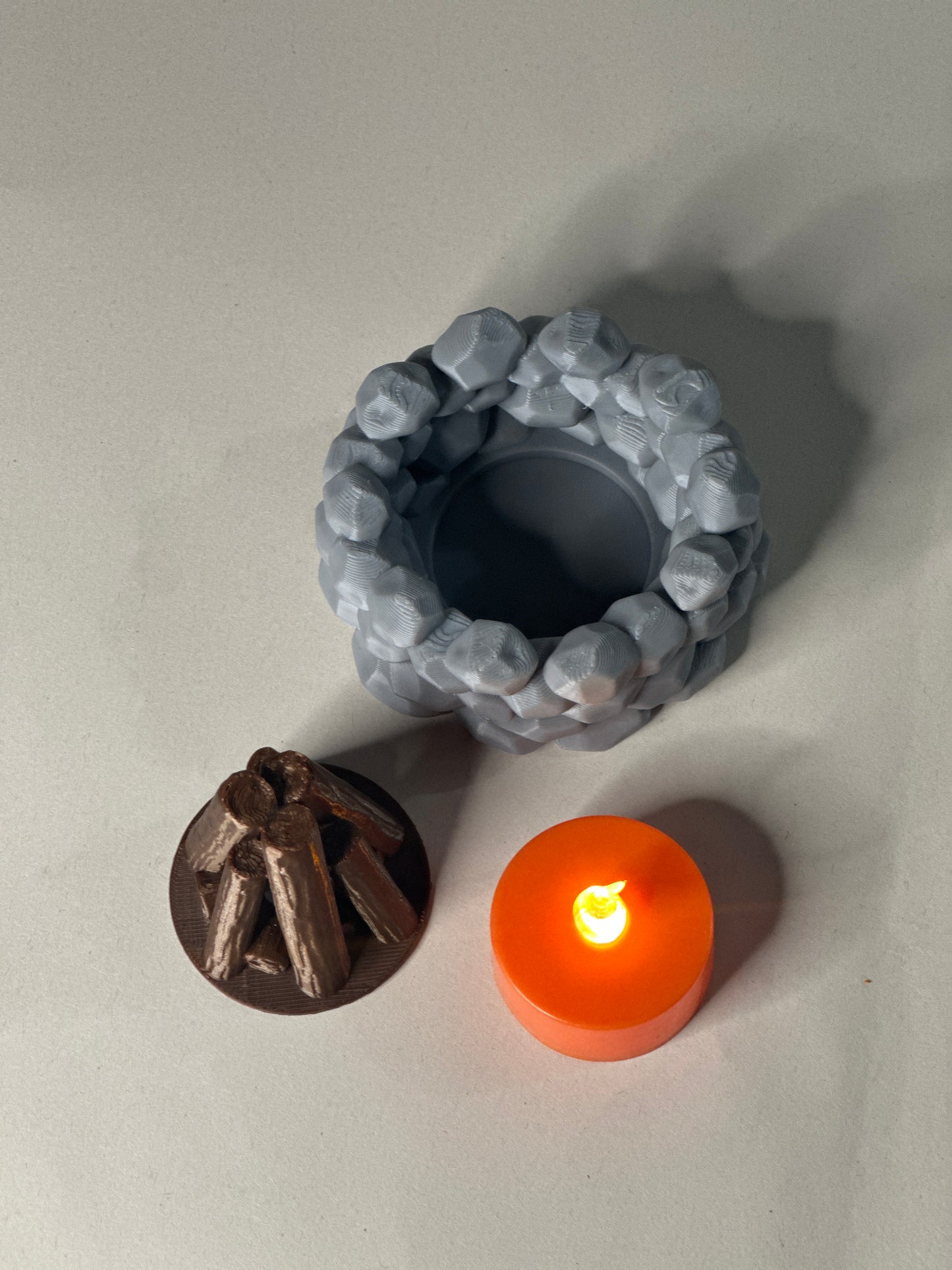 Mini 3D Printed Rock Campfire with LED Light – Realistic Faux Campfire Decor