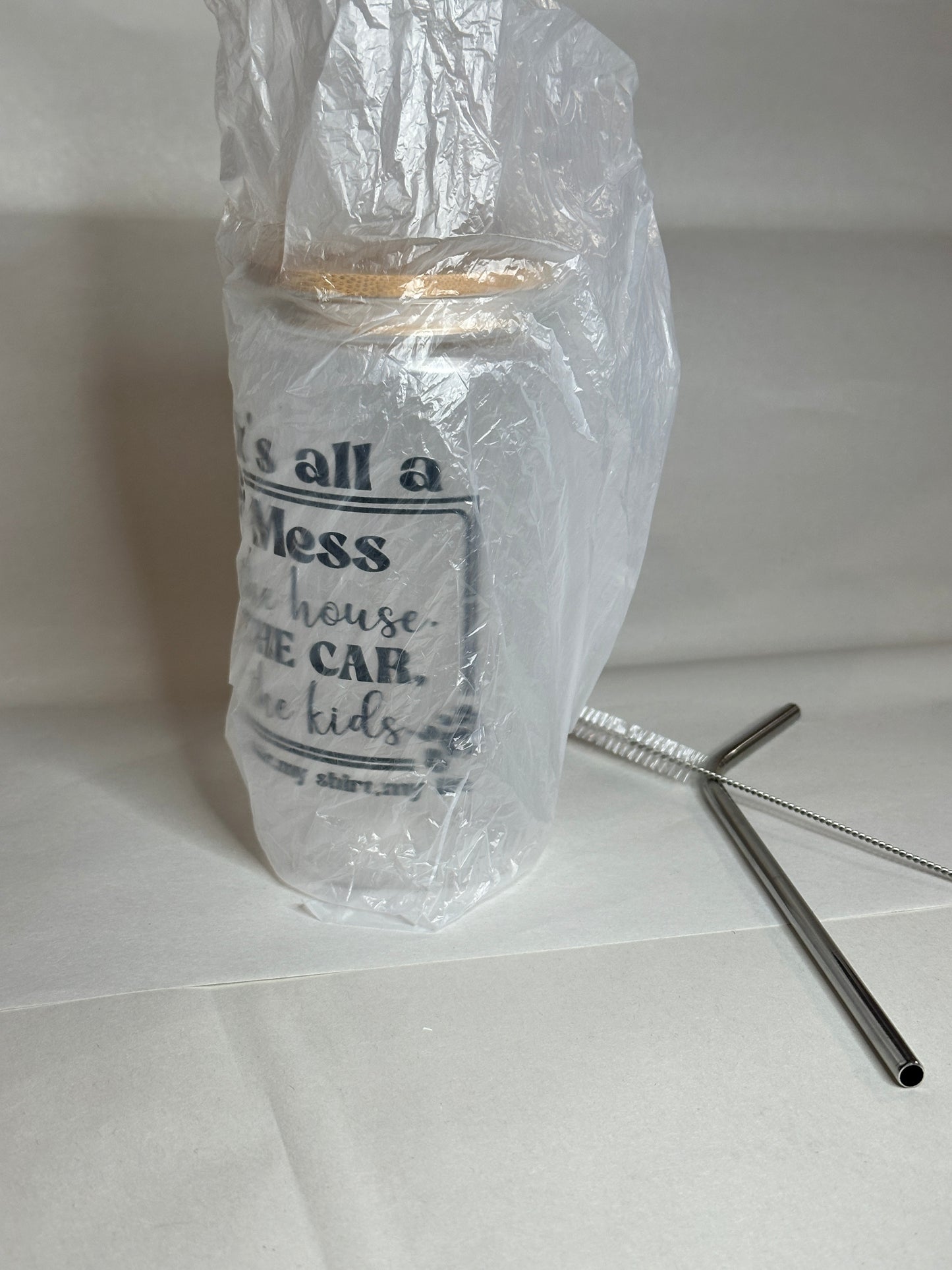 Funny 16oz Libby Glass – “It’s All a Mess” Iced Coffee Cup with Bamboo Lid & Straw