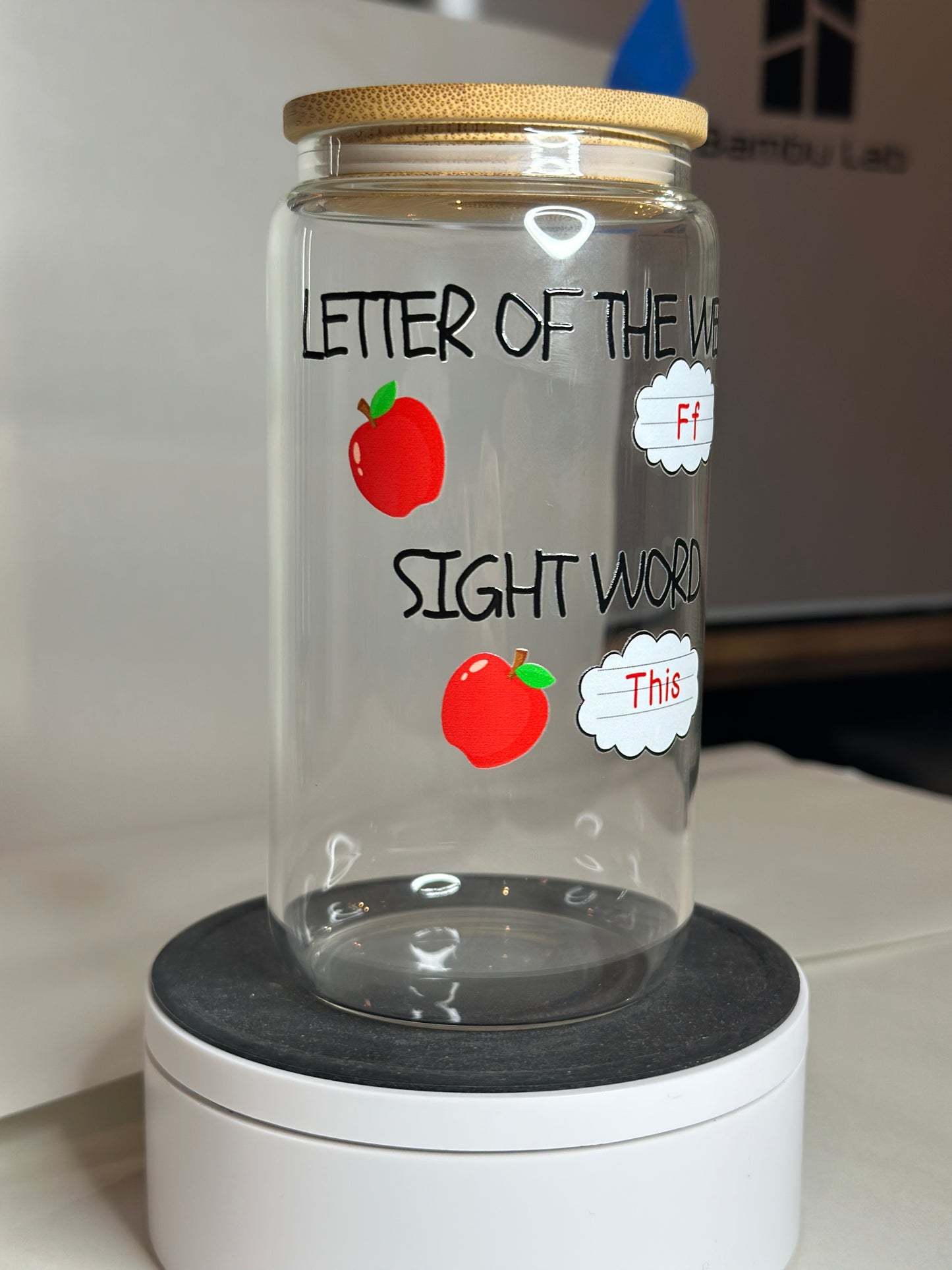 Teacher Libby Glass – 16oz “Letter of the Week / Sight Word” Cup with Bamboo Lid & Straw