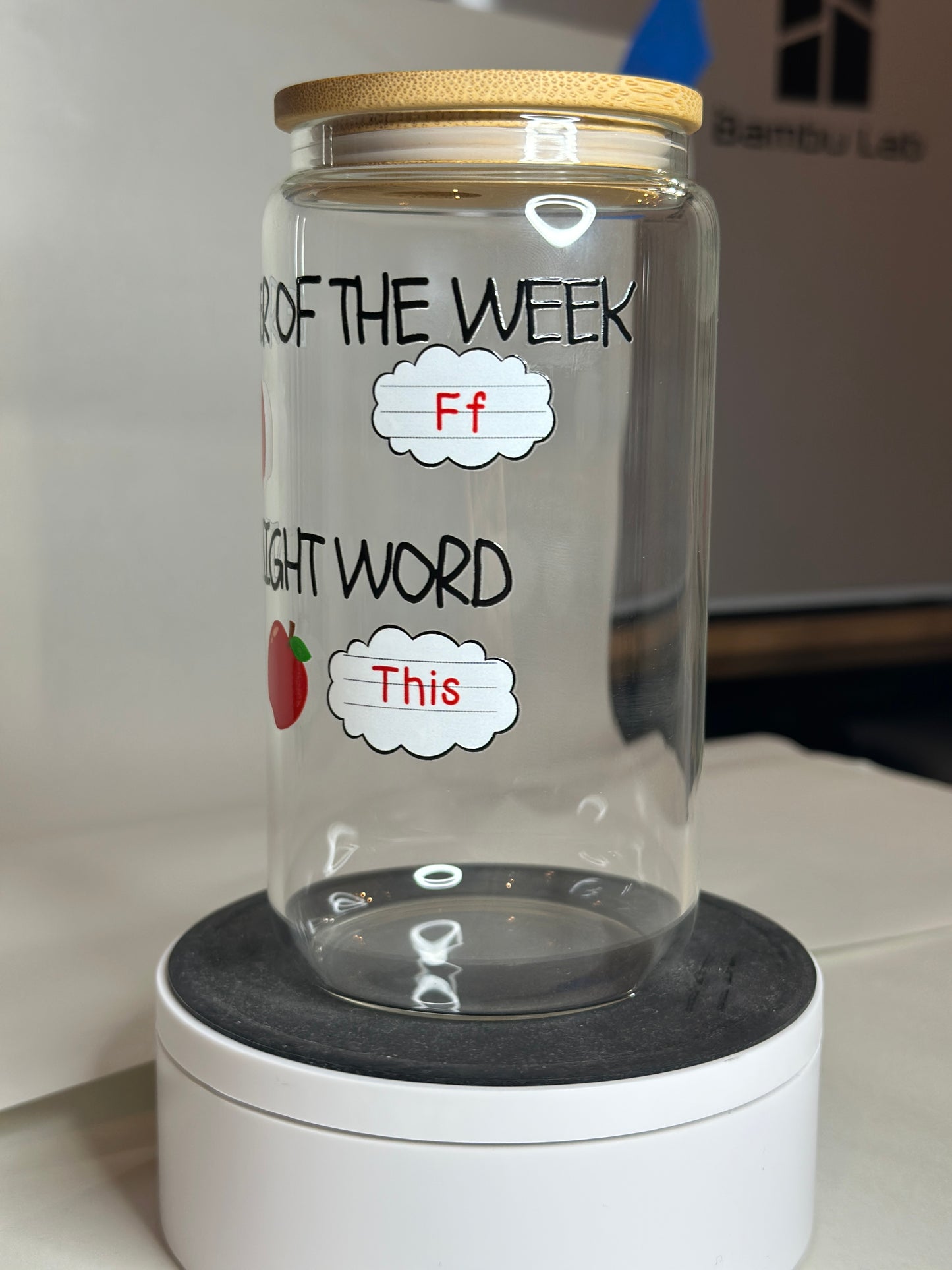 Teacher Libby Glass – 16oz “Letter of the Week / Sight Word” Cup with Bamboo Lid & Straw