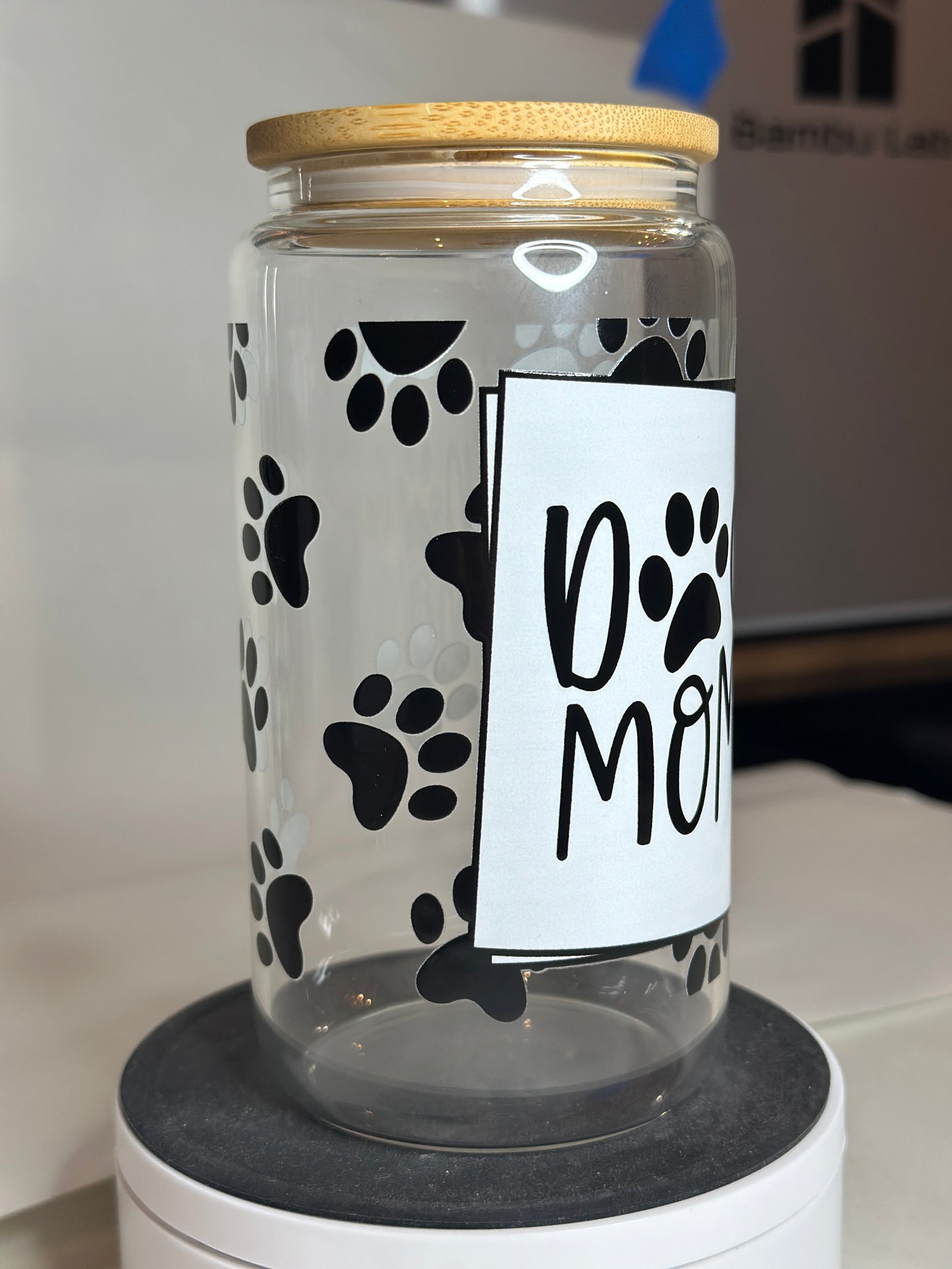 Dog Mom Libby Glass – 16oz Iced Coffee Cup with Bamboo Lid & Straw