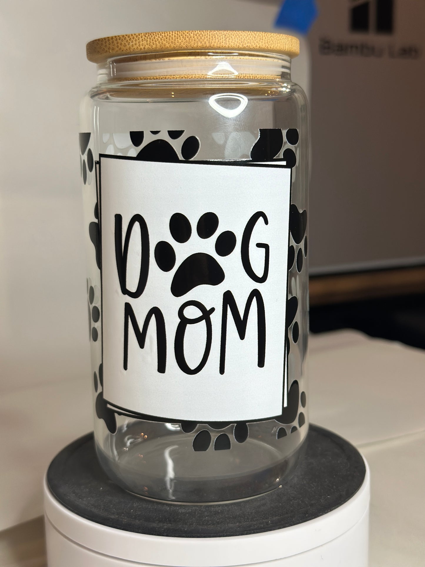 Dog Mom Libby Glass – 16oz Iced Coffee Cup with Bamboo Lid & Straw
