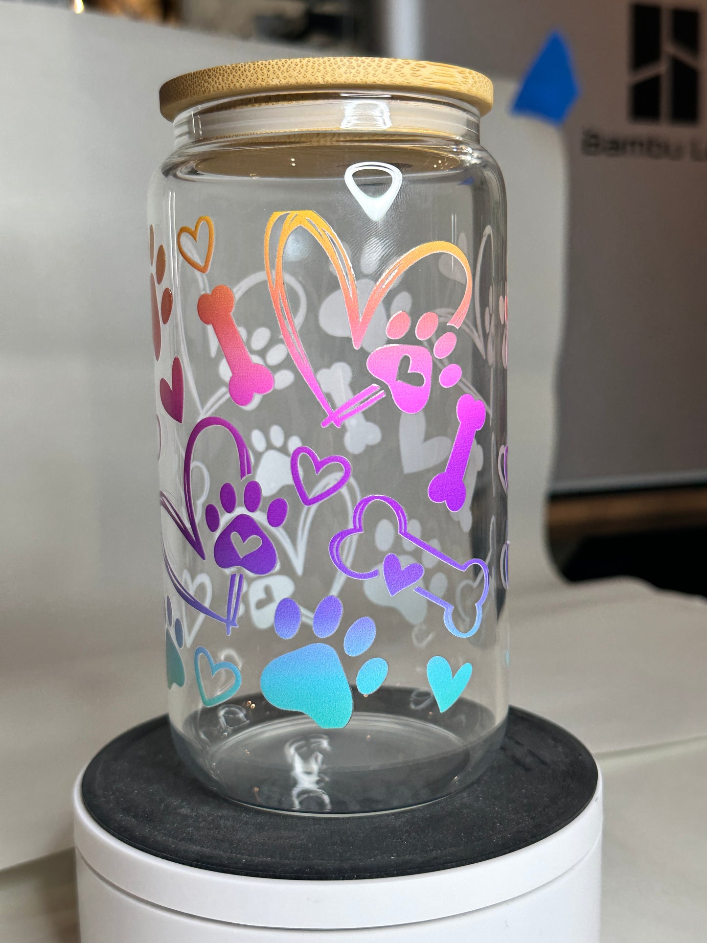 Rainbow Paw Print Libby Glass – 16oz Pet Lover Iced Coffee Cup with Bamboo Lid & Straw