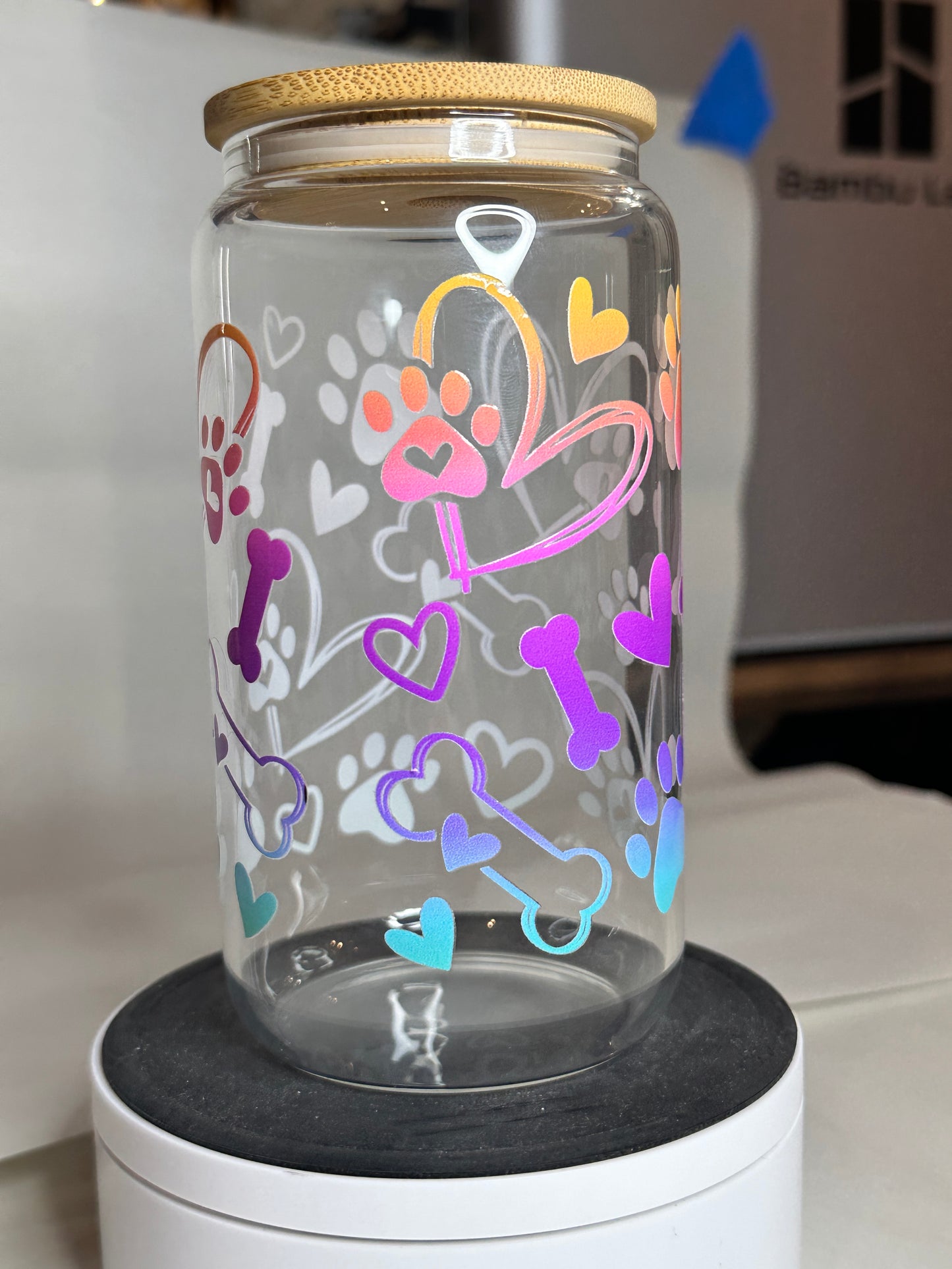 Rainbow Paw Print Libby Glass – 16oz Pet Lover Iced Coffee Cup with Bamboo Lid & Straw