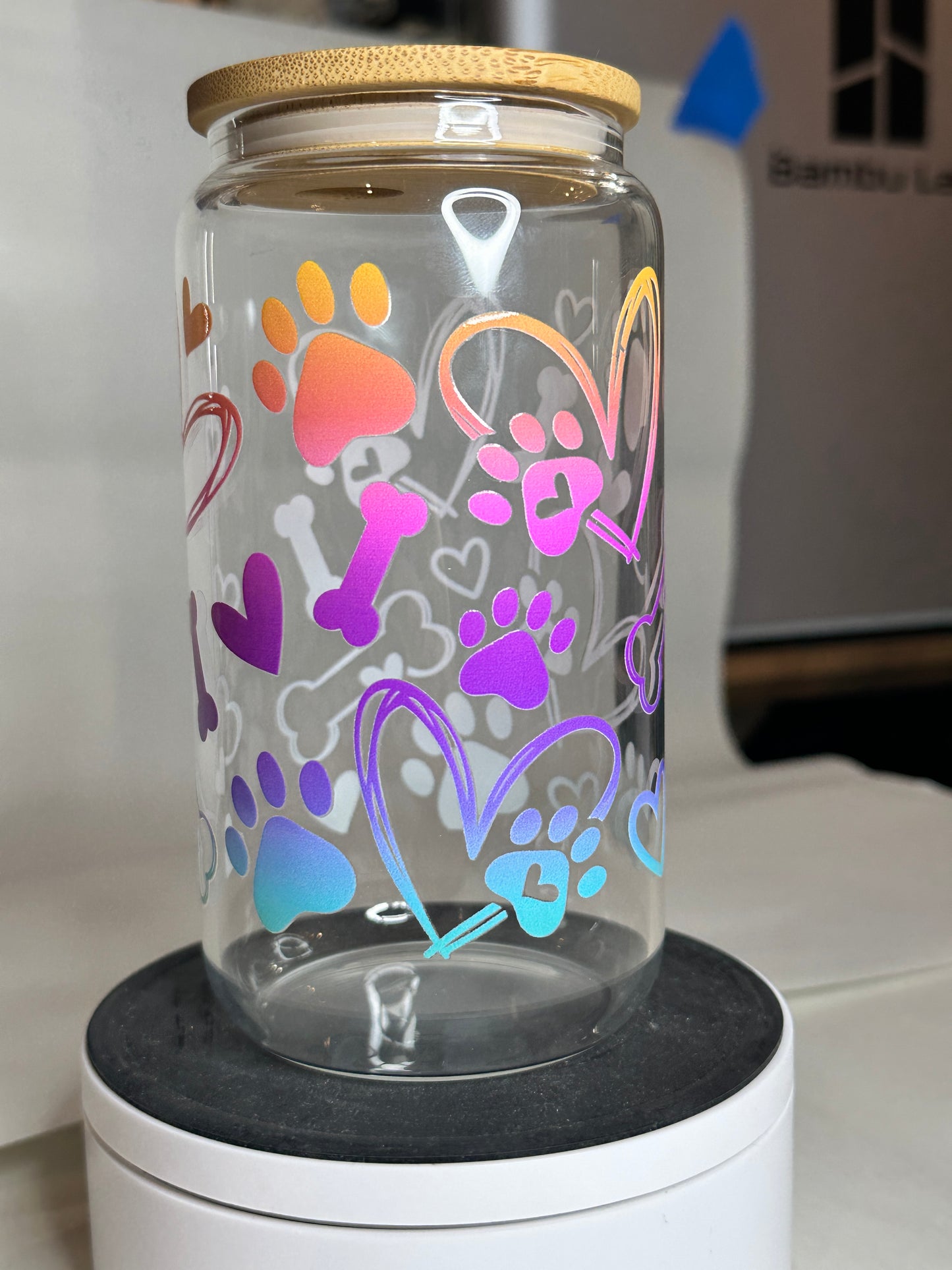 Rainbow Paw Print Libby Glass – 16oz Pet Lover Iced Coffee Cup with Bamboo Lid & Straw