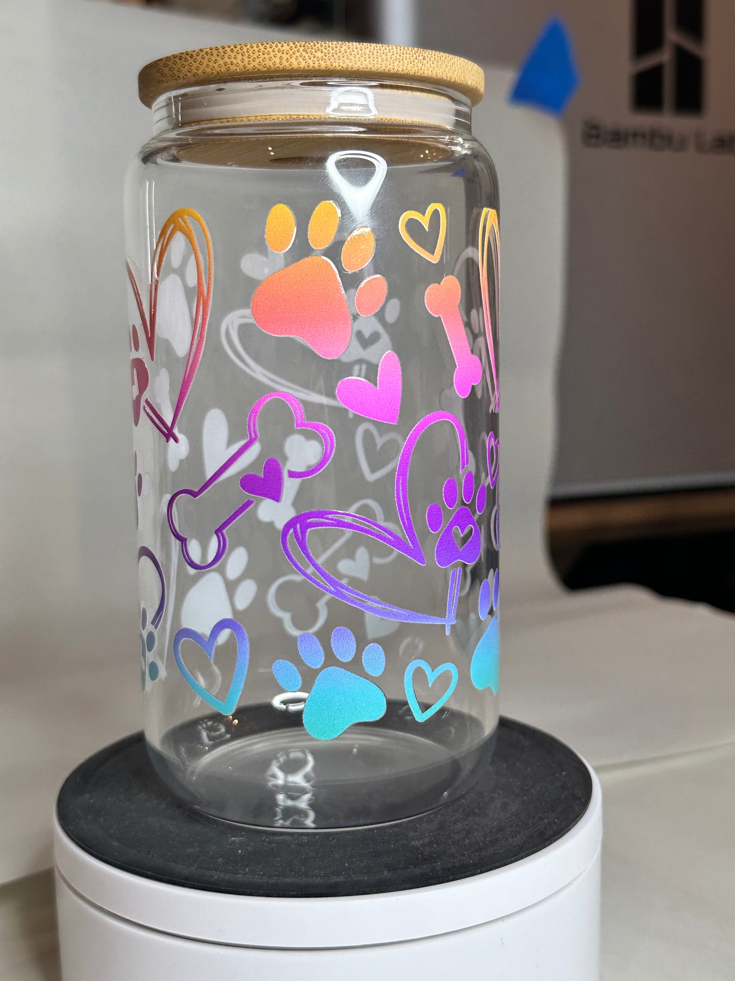 Rainbow Paw Print Libby Glass – 16oz Pet Lover Iced Coffee Cup with Bamboo Lid & Straw