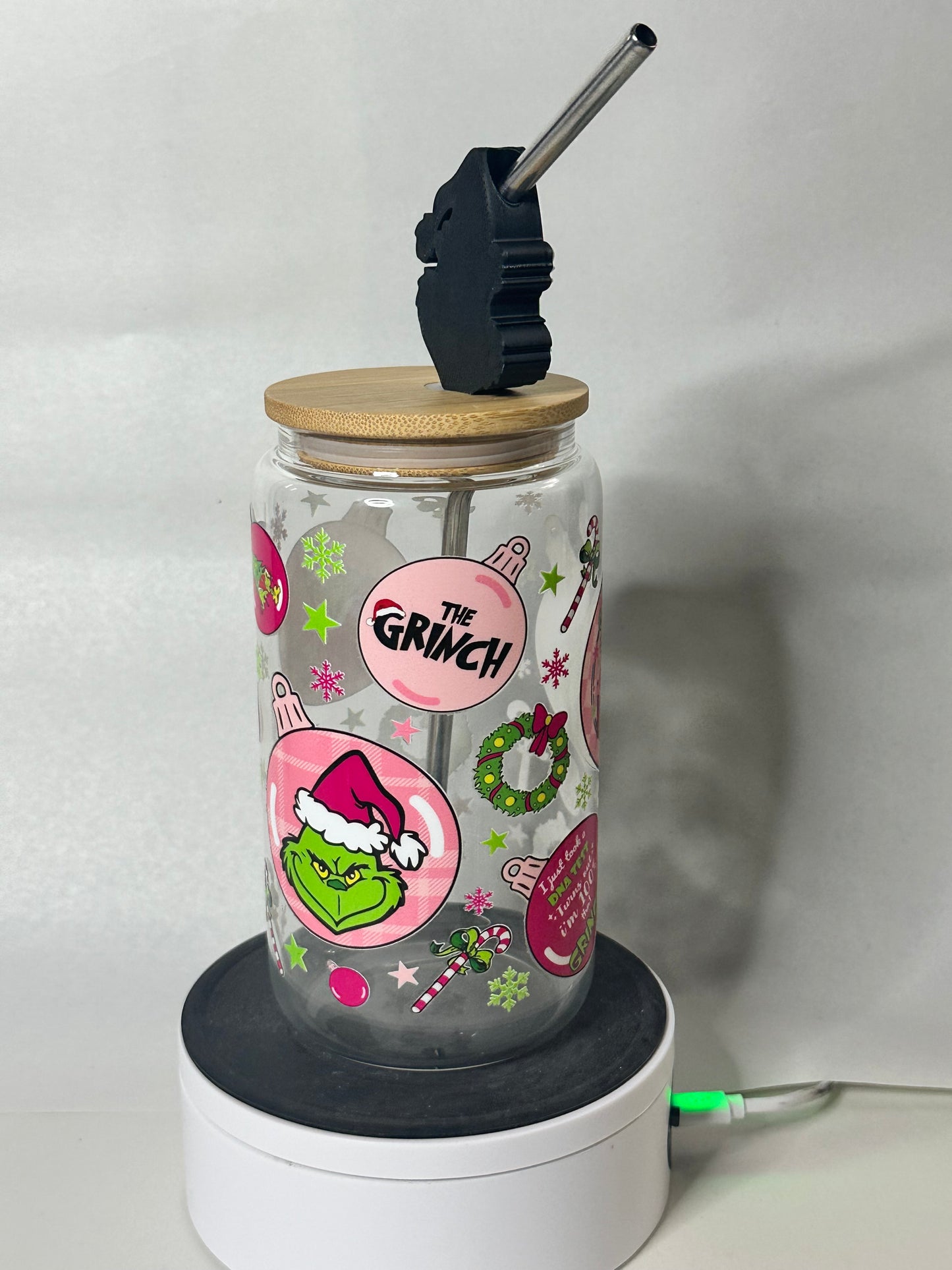 Grinchmas Vibes 16oz Libby Glass – Holiday Cup with Bamboo Lid & Straw