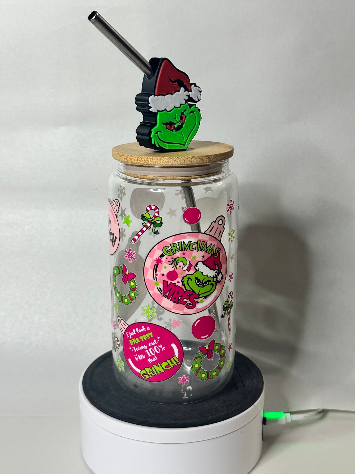 Grinchmas Vibes 16oz Libby Glass – Holiday Cup with Bamboo Lid & Straw
