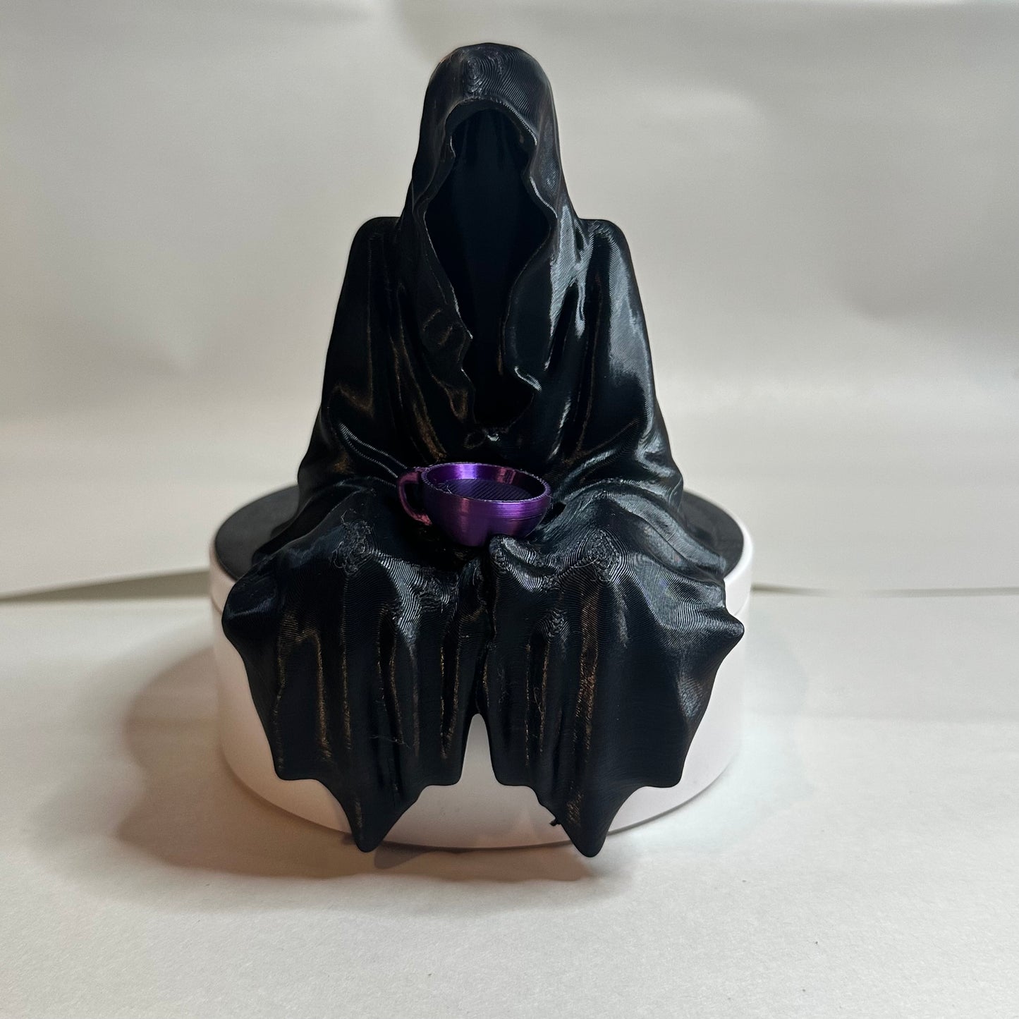 Suriel Figurine – Hooded Grim Statue with Purple Teacup | 3D Printed Gothic Decor (5.25” Tall)