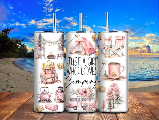 Just a Girl Who Loves Camping 20oz Skinny Tumbler – Pink Outdoor Adventure Design, Stainless Steel, Handmade Gift