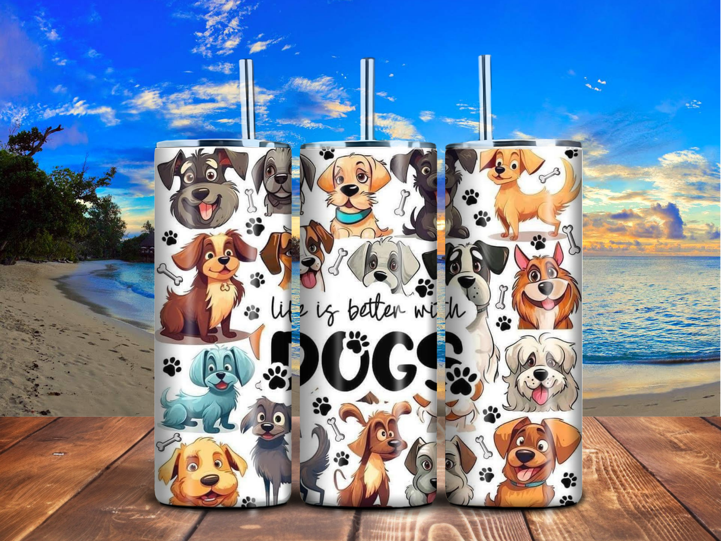 Life Is Better with Dogs 20oz Skinny Tumbler – Cute Cartoon Dog Design, Stainless Steel, Handmade Gift for Dog Lovers