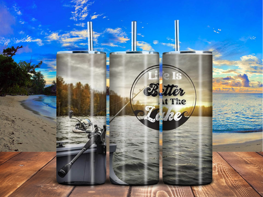Life Is Better at the Lake 20oz Skinny Tumbler – Fishing Boat Design, Handmade Stainless Steel, Outdoor Adventure Vibes
