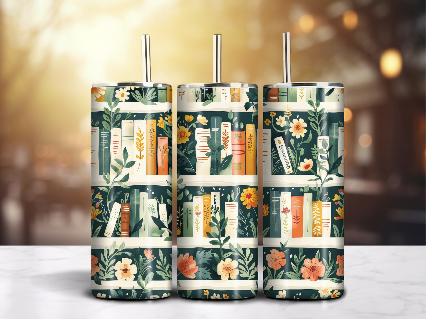 Botanical Bookshelves – 20oz Sublimated Tumbler with Floral Book Design