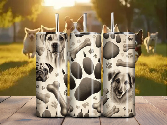 Monochrome Dog Paw & Bone 20oz Tumbler – Neutral Pet Lover Cup