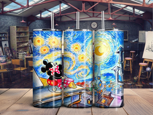Starry Night Mouse 20oz Tumbler – Whimsical Rooftop Design for Art & Disney Lovers