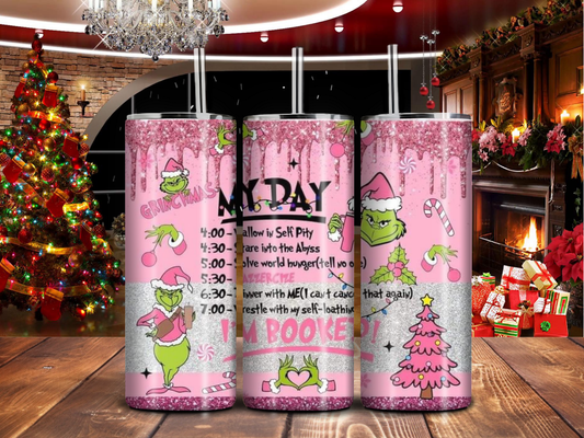 My Day I’m Booked Grinchmas Tumbler – 20oz Pink Glitter Christmas Cup with Schedule