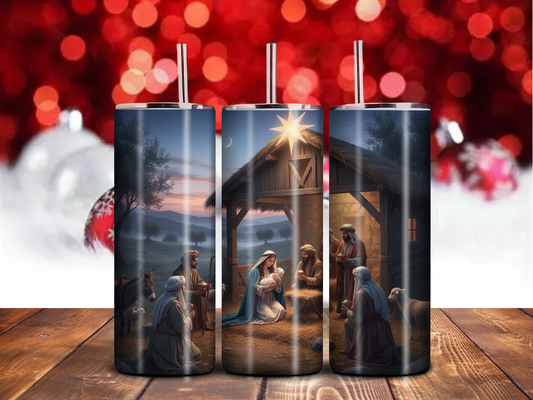 Nativity Scene Tumbler – 20oz Skinny Christmas Cup with Manger & Star of Bethlehem | Religious Holiday Drinkware