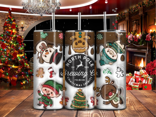 North Pole Brewing Co. 20 oz Stainless Tumbler – Festive Gingerbread & Cocoa Design