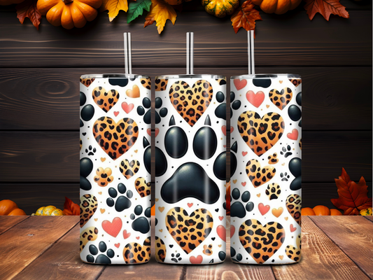 Paw Prints & Leopard Hearts 20oz Tumbler – Animal Lover Stainless Steel Skinny Cup
