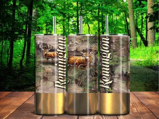 Remington Hunting 20oz Tumbler – Camo Shell Design with Buck and Forest Scene