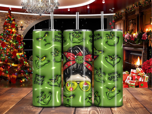 Resting Green Face 20oz Tumbler – Christmas Mom Design with Funny Grinch Expressions