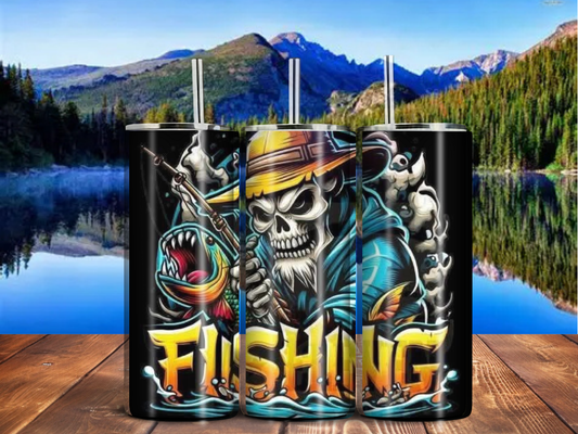 Skeleton Fishing 20oz Tumbler – Grim Reaper Angler Cup for Hardcore Fishers