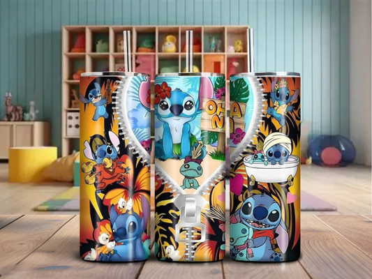 Tropical Chaos 20oz Tumbler – Blue Alien Fan Cup with Ohana Vibes