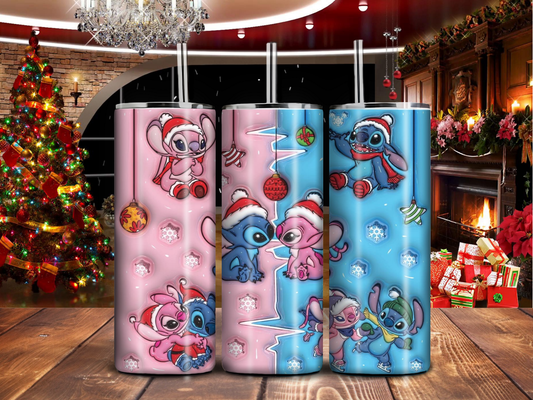 Stitch & Angel Christmas 20oz Tumbler – Pink & Blue Holiday Love with Snowflakes & Santa Hats