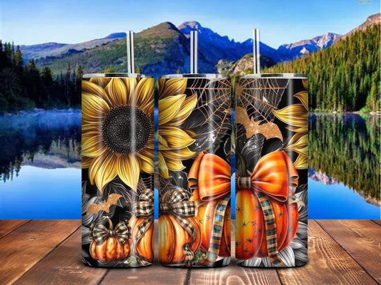 Sunflower & Pumpkins 20oz Tumbler – Fall Farmhouse Halloween Skinny Stainless Steel Cup