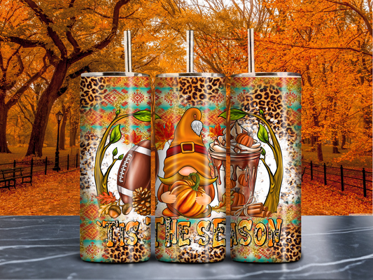 ’Tis The Season Leopard Print 20oz Tumbler – Fall Gnome, Football & Pumpkin Spice Skinny Stainless Steel Cup