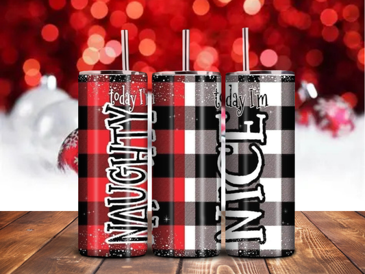 Naughty or Nice Tumbler – 20oz Skinny Buffalo Plaid Christmas Cup | Festive Sublimated Holiday Drinkware