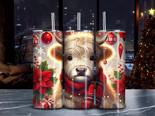 Christmas Highland Cow 20oz Tumbler – Festive Holiday Stainless Steel Skinny Cup with Ornaments & Poinsettias