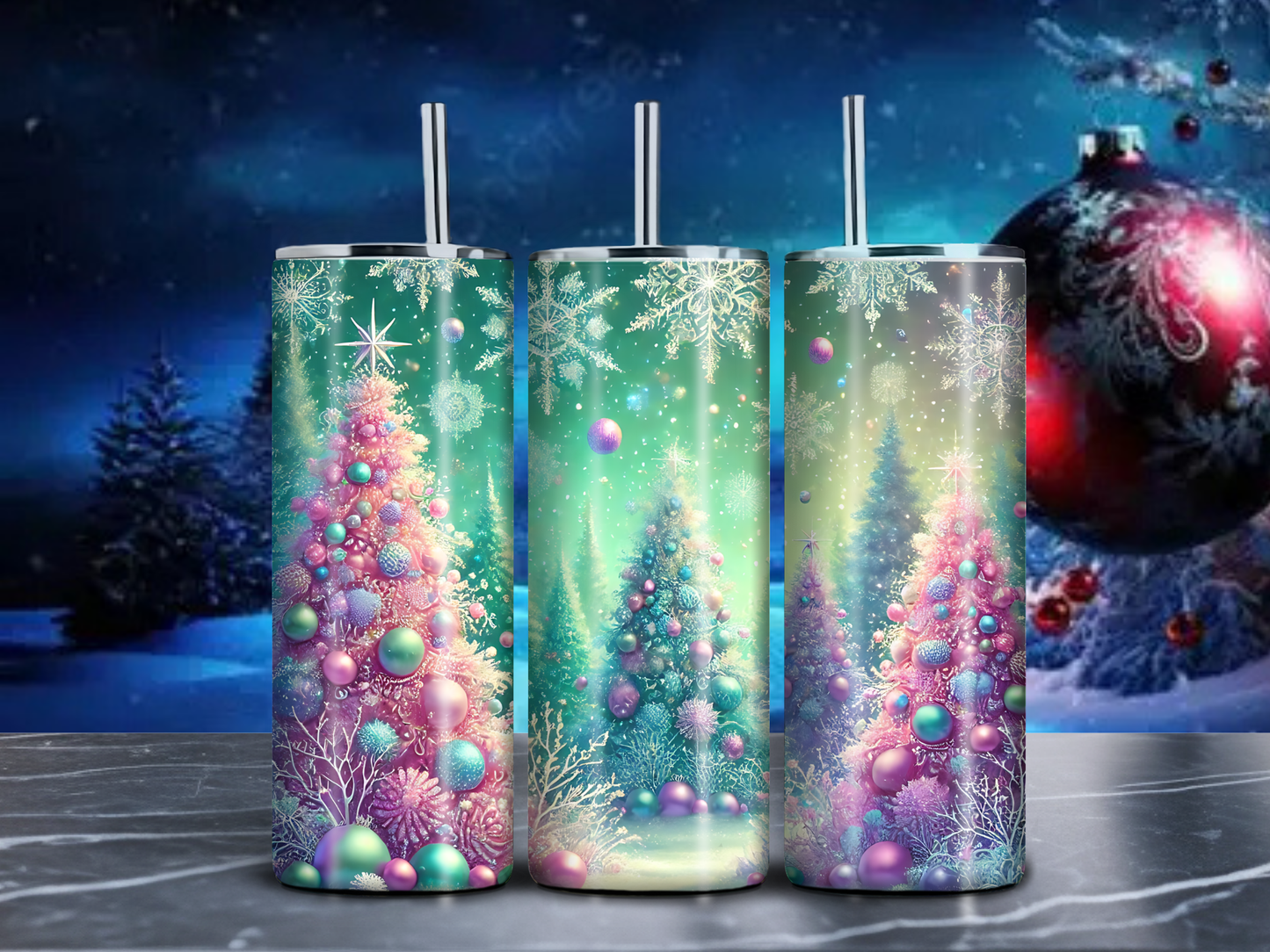 Pastel Christmas Tree 20oz Tumbler – Elegant Holiday Stainless Steel Skinny Cup with Ornaments & Snowflakes