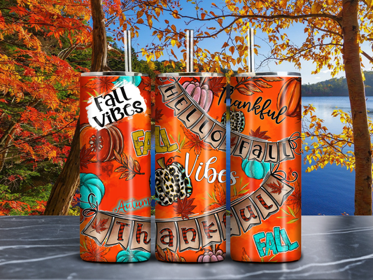 Hello Fall 20oz Tumbler – Fall Vibes & Thankful Autumn Pumpkins Stainless Steel Skinny Cup