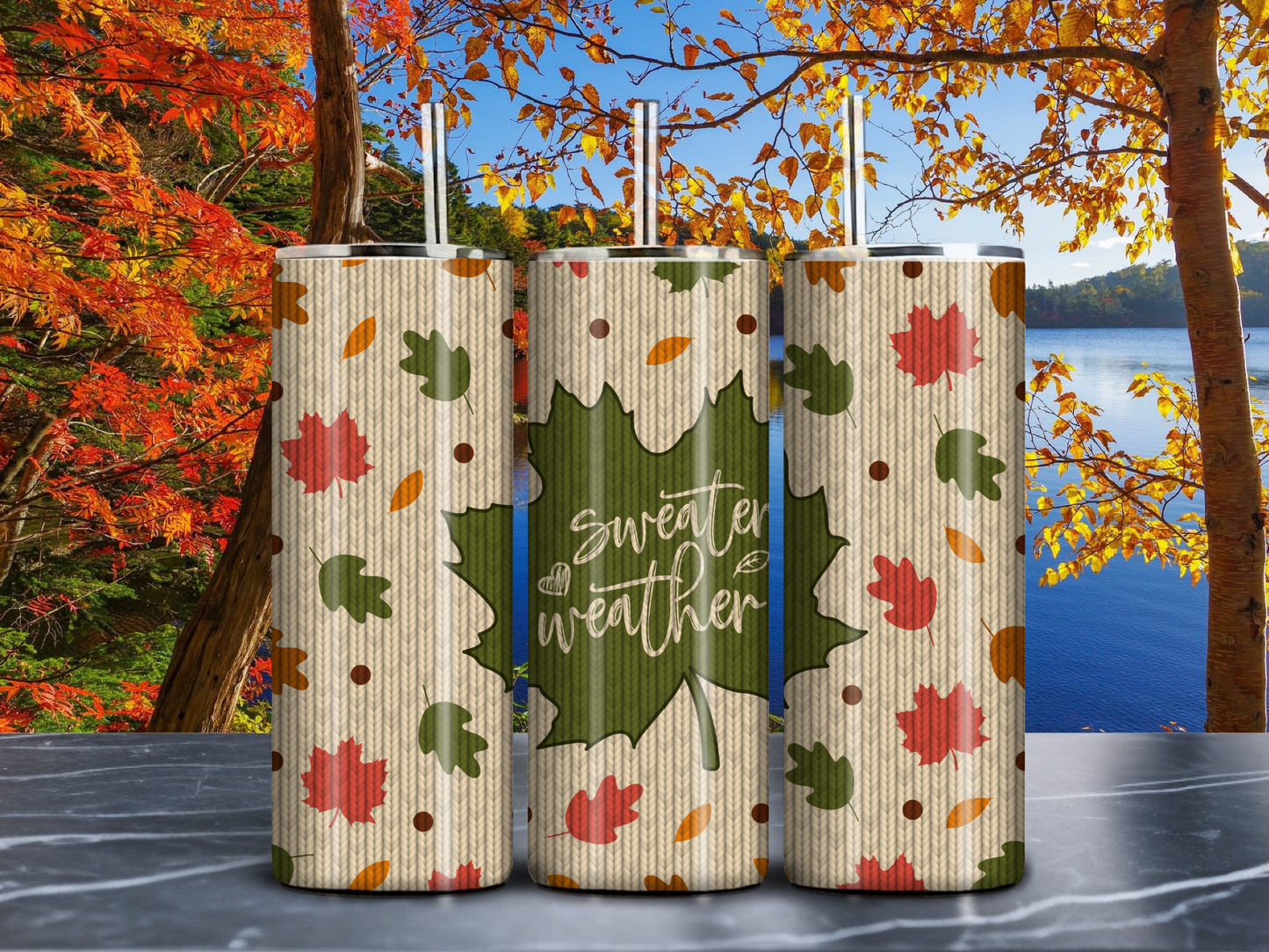 Sweater Weather 20oz Tumbler – Cozy Autumn Stainless Steel Skinny Cup with Fall Leaves