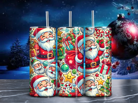 Santa Claus Christmas 20oz Tumbler – Festive Holiday Stainless Steel Skinny Cup with Gifts & Candy Canes