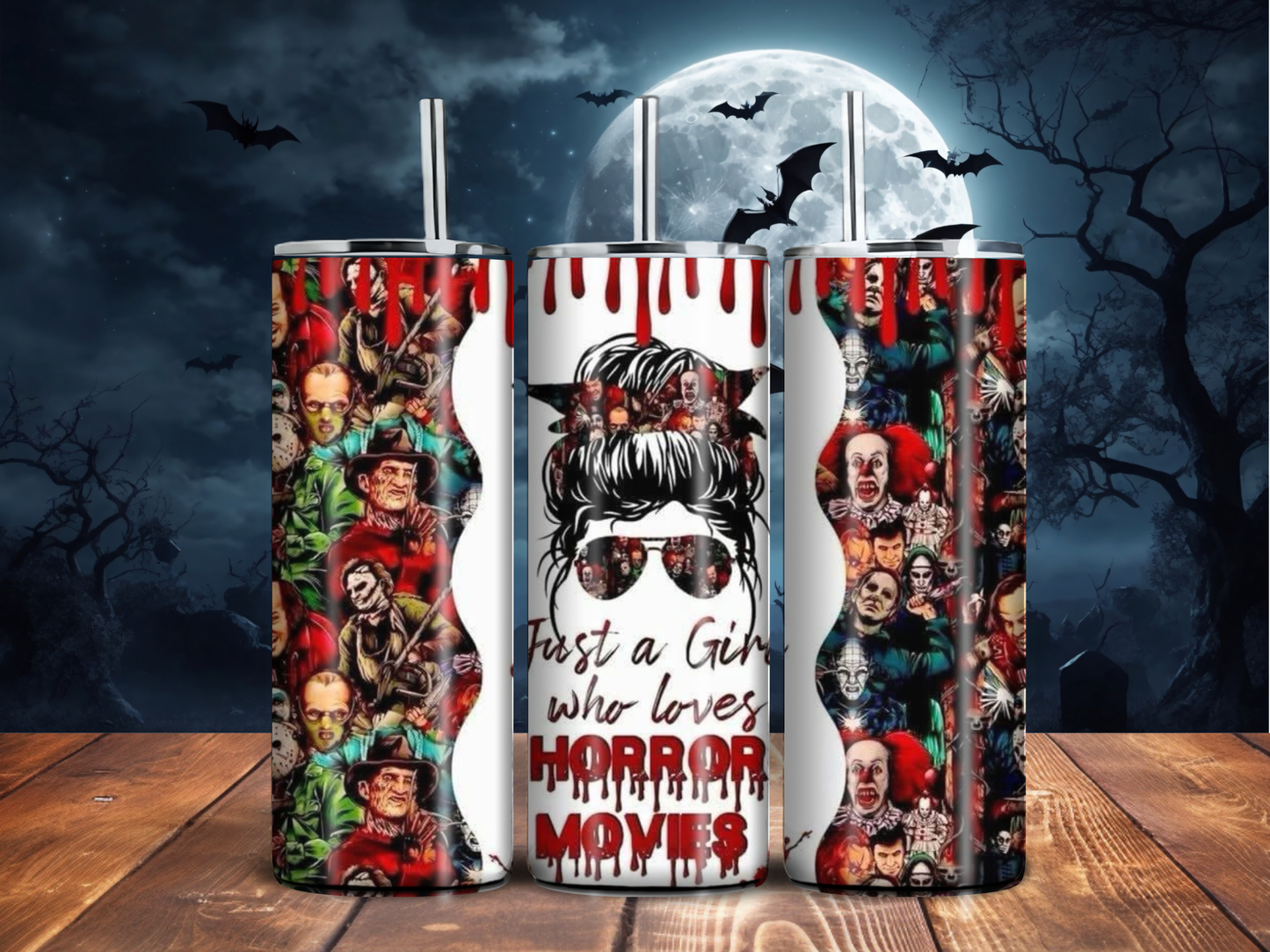 Just a Girl Who Loves Horror Movies Tumbler – Bloody Slasher Collage Cup (20oz)