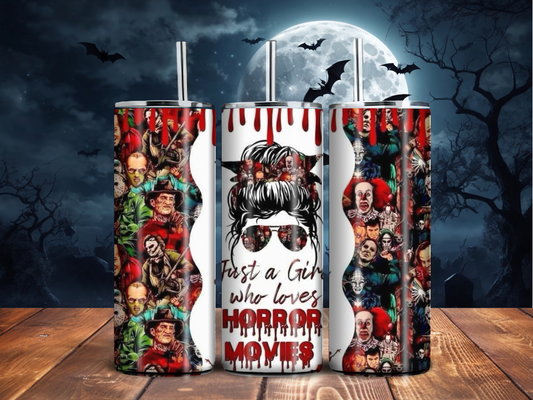 Just a Girl Who Loves Horror Movies Tumbler – Bloody Slasher Collage Cup (20oz)