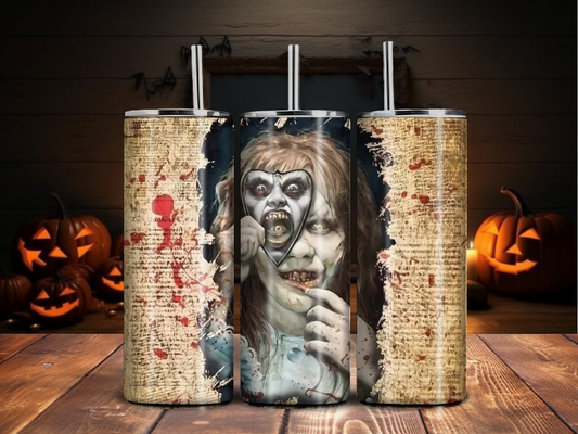 Possessed Horror Face Tumbler – Bloody Vintage Page & Demon Reveal Design (20oz)