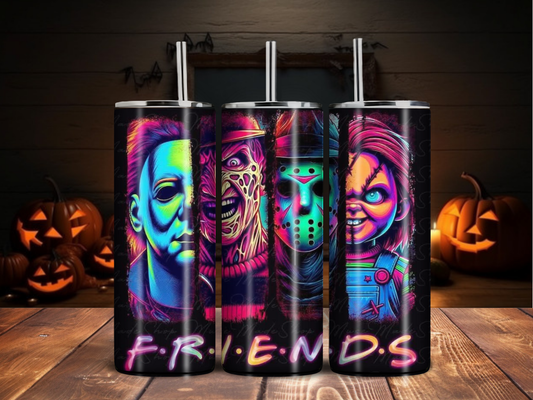 Neon Horror Friends Tumbler – 80s Synthwave Slasher Crew Design (20oz)