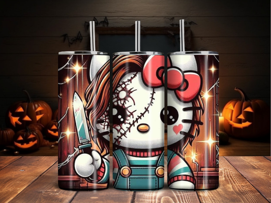 Killer Kitty Horror Tumbler – Cute Slasher Doll Parody Cup (20oz)