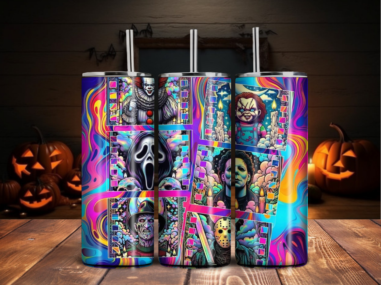 Trippy Slasher Tumbler – Psychedelic Horror Legends Collage Cup (20oz)