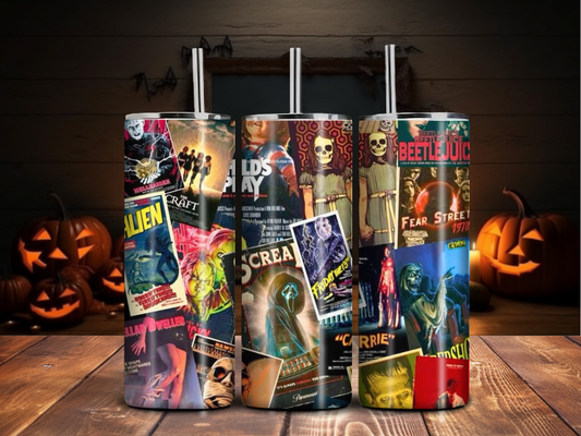 Retro Horror Movie Poster Collage Tumbler – Cult Classic Halloween Design (20oz)