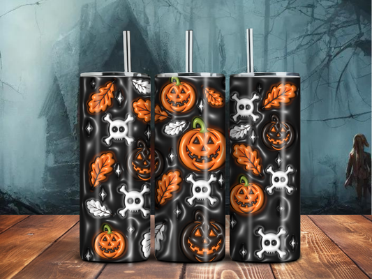 Glow-In-The-Dark Style Pumpkin & Skull Halloween Tumbler – 20oz Stainless Steel Sublimated Cup | Spooky Cute Fall Drinkware