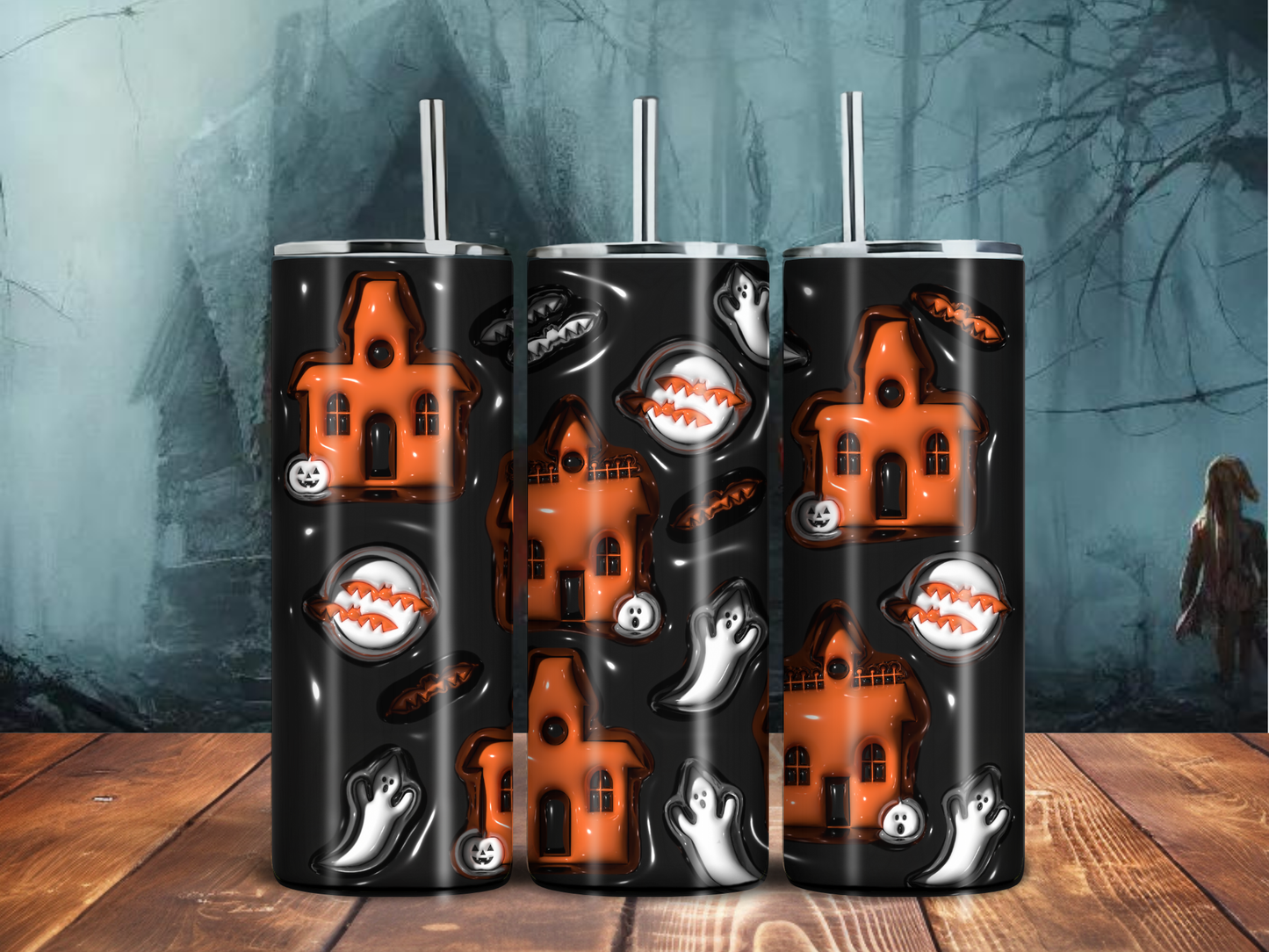 Haunted House Halloween Tumbler – 20oz Stainless Steel Ghost & Bat Cup | Spooky Season Sublimation Drinkware