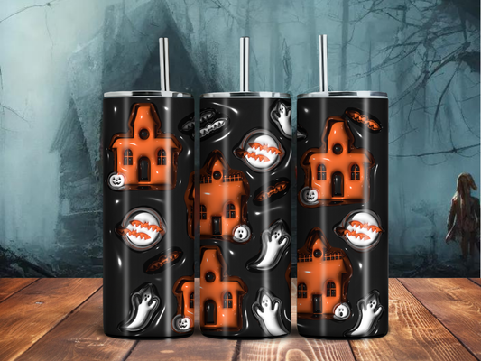 Haunted House Halloween Tumbler – 20oz Stainless Steel Ghost & Bat Cup | Spooky Season Sublimation Drinkware