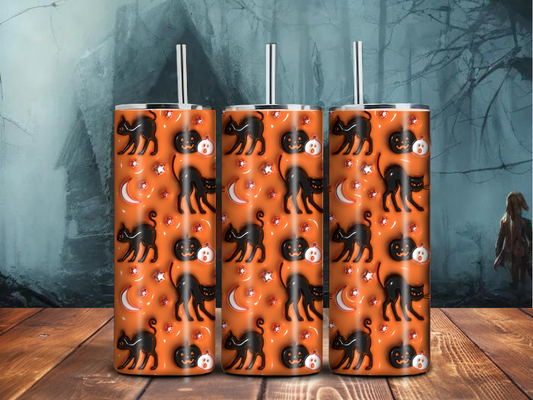 Black Cat Halloween Tumbler – 20oz Orange Spooky Sublimation Cup with Pumpkins, Ghosts & Stars | Fall Witchy Drinkware