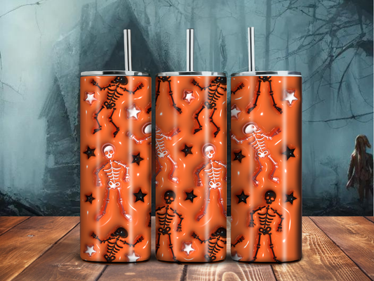 Dancing Skeleton Halloween Tumbler – 20oz Orange Glow Spooky Cup with Stars & Skeletons | Sublimated Stainless Steel Drinkware